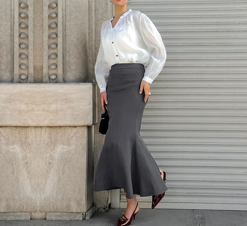 Temperament Commuter High Waist Fashionable Half Skirt Solid Color Hip Wrapping Sexy Slimming Suit Long Skirt for Women