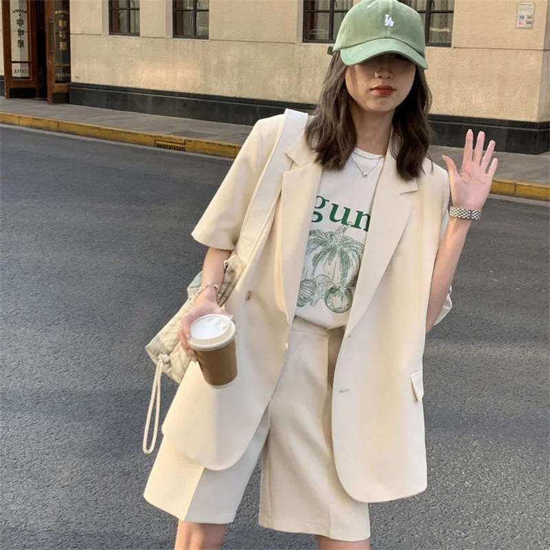 Elegant Women\'s Pants Suit Female Office Tracksuit Blazer Summer Thin Casual Loose Short Sleeve Jacket Shorts Two Piece Set