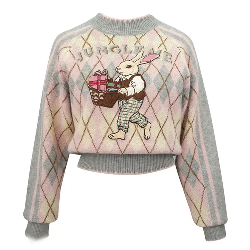 

Stylish Rabbit Embroidery Sweater Women Spring Autumn O Neck Long Sleeve Argyle Knitted Tops Pullovers Jumpers