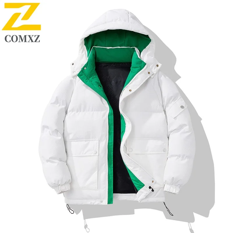 COMXZ 2025 Winter New Premium Cotton Coat Men Hooded Trendy Camping Lightweight Parkas High Quality Street Style Outerwear