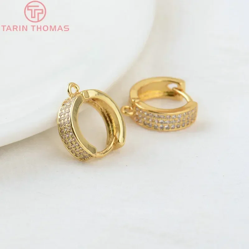 (2238)4PCS 15MM Hole 1.5MM 24K Gold Color Brass with Zircon Round Earrings Hoop Earring Clip High Quality Jewelry Making Finding