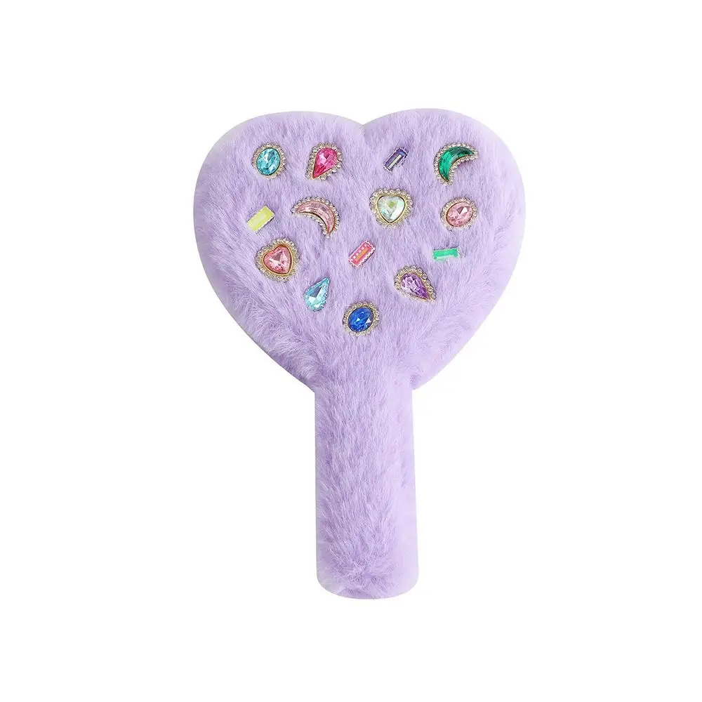 Korean Portable Love Hand Mirror Compact Plush Handle Handheld Mirror Heart-shaped Cute Makeup Tool Women