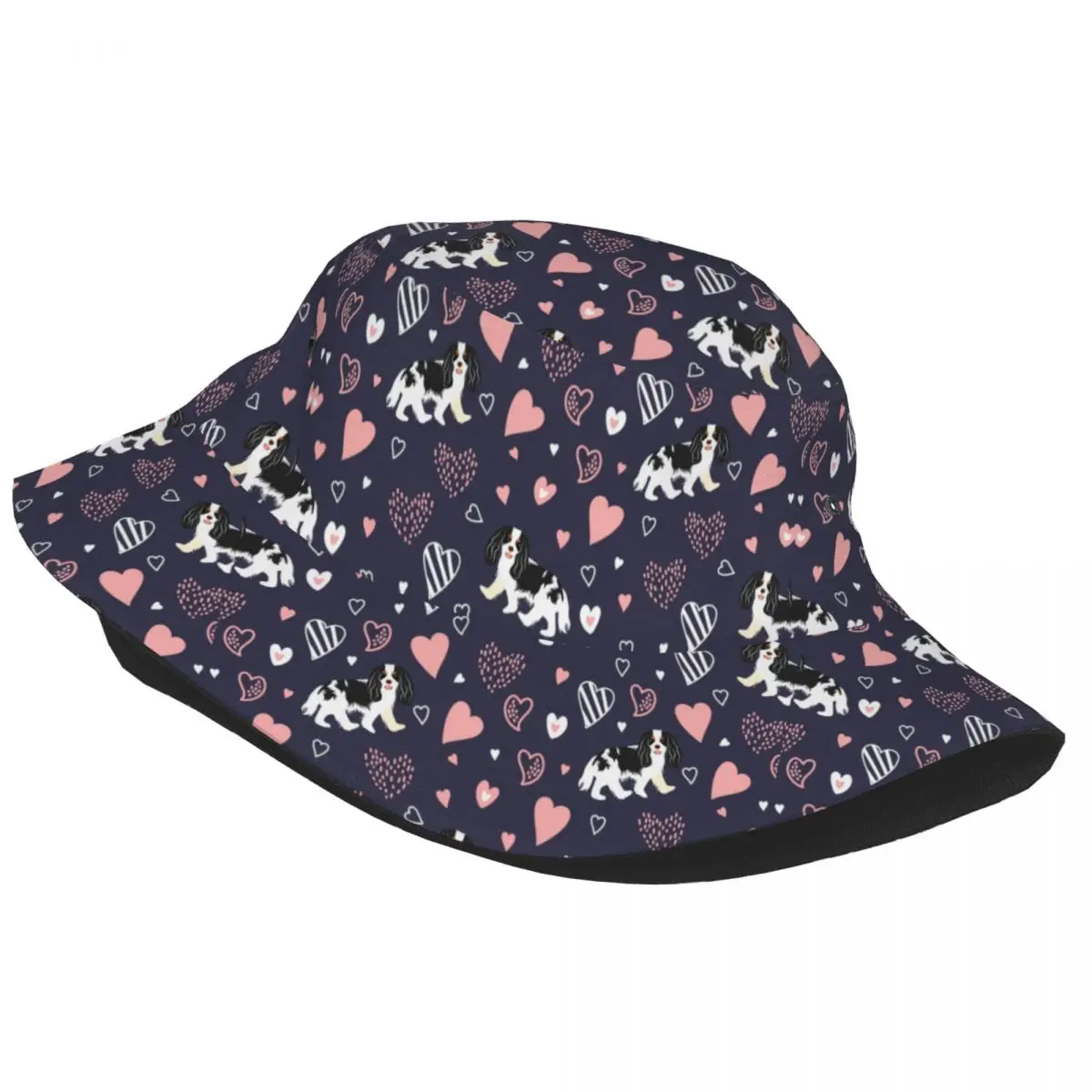 Love Black And White Cavalier King Charles Spaniel Bucket Hats Women Men Fashion Summer Outdoor Sun Blue Cute Dog Fisherman Cap