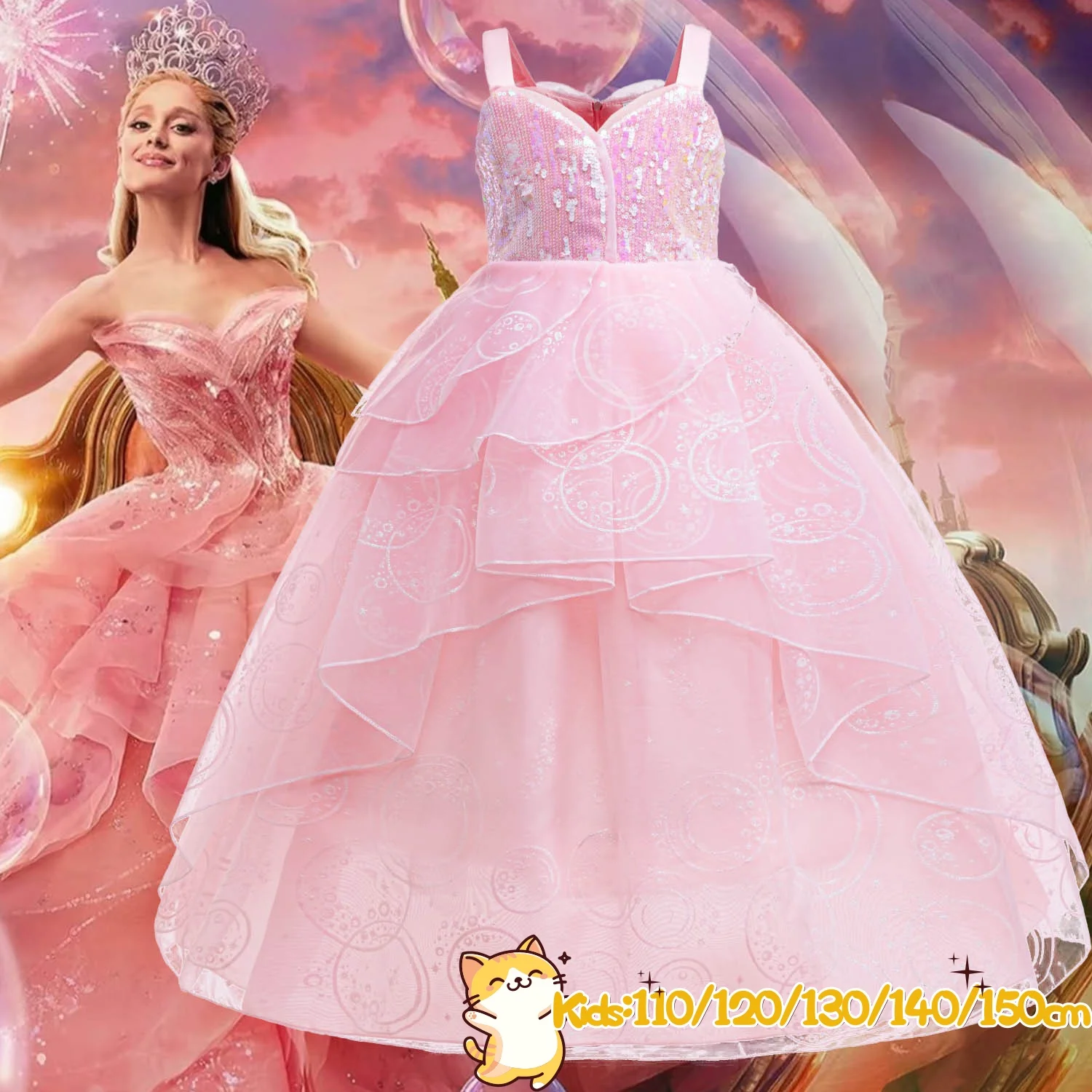 Mädchen Wicked Glinda Cosplay Kostüm Rosa Hochzeit Prinzessin Abendkleid Halloween Party Outfit Mädchen Promi Charakter Dress-up