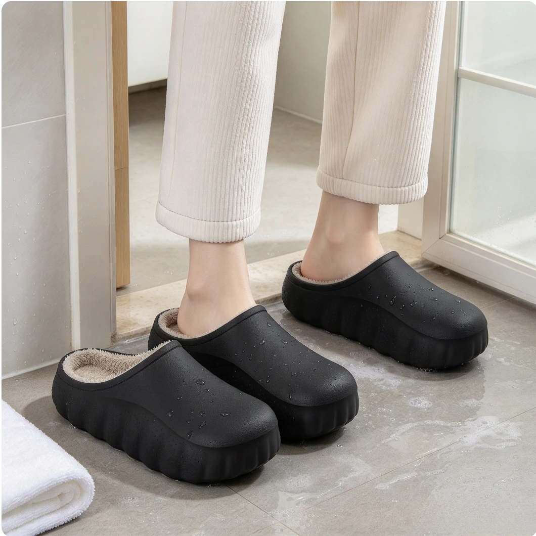 Men's and Women's Waterproof and Anti Fouling Cotton Slippers for Autumn and Winter, with Added Wool for Warmth and Anti Slip.