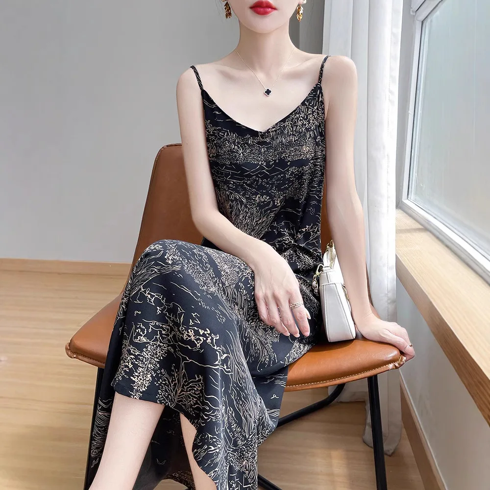 

2025 Summer New Long Temperament V-neck Halter Ice Silk Satin Wrap Hip Temperament Dress