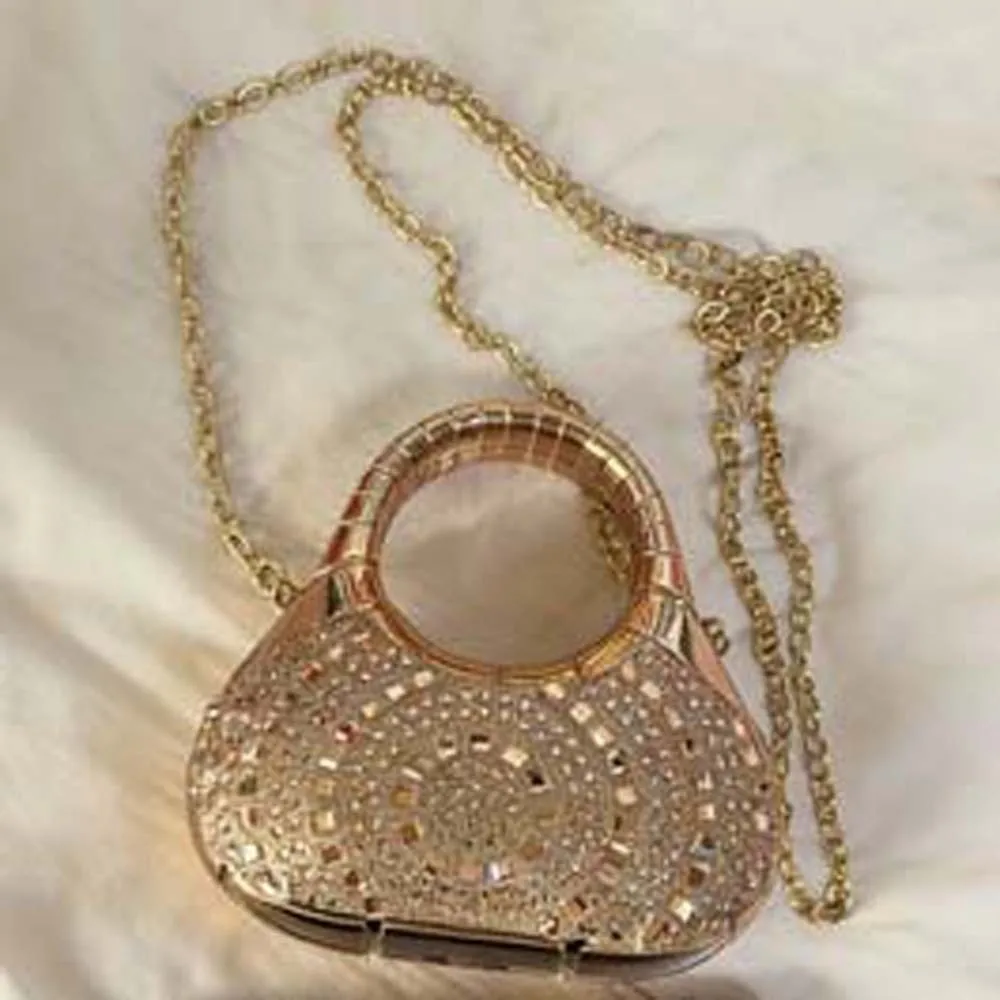 Crystal Embellished Crescent Evening Clutch High-shine Finish Geometric Pattern Rhinestone Box Purse Detachable Chain