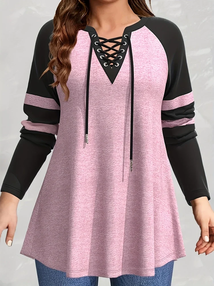 Women Long Sleeve T shirt Plus Size Casual Pink Colorblock Cross Lace-Up V Neck T shirt Loose Casual Splice Medium Stretch Tops