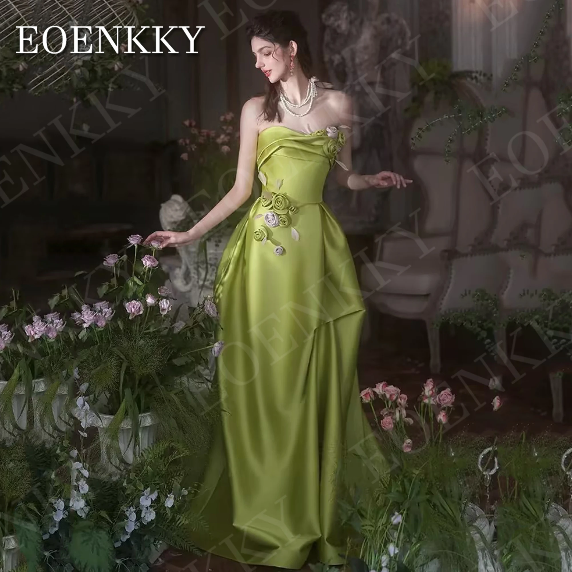 

EOENKKY Elegant Satin Evening Dress Women Luxury 3D Flowers Prom Wedding Party Dresses Green A Line Backless فساتين سهره سعوديه