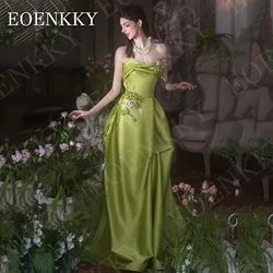 EOENKKY Elegant Satin Evening Dress Women Luxury 3D Flowers Prom Wedding Party Dresses Green A Line Backless فساتين سهره سعوديه