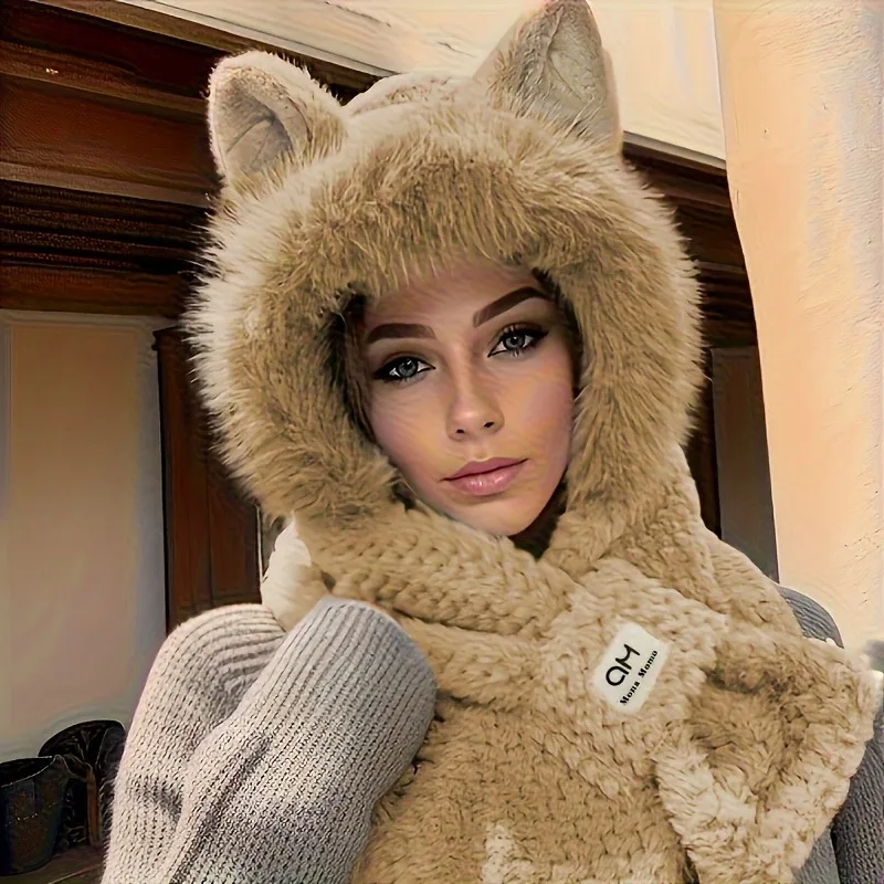 لطيف أفخم وشاح قبعة للنساء الفتيات الشتاء رشاقته فو الفراء الرقبة أدفأ مع آذان القط يندبروف الدافئة الصوف فروي قبعة وشاح #2