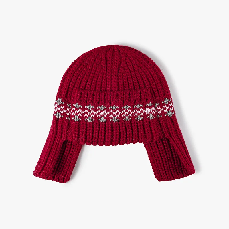 Japanische gestreifte Strickmütze mit Kontrastfarben zum Schutz der Ohren für Herren und Damen, warme Outdoor-Bombermütze für Herbst und Winter – Detail 4