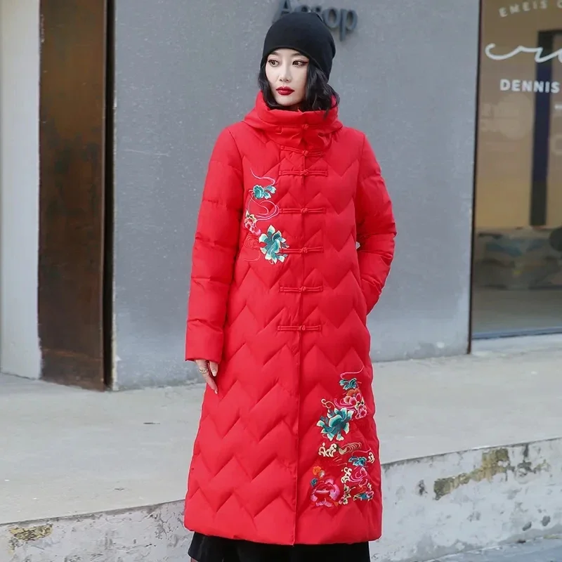 Nieuwe Mode Sneeuwkleding Kleding Borduren Winterjas Vrouwen Lange Parka Met Capuchon Moeder Dikker Warme Gewatteerde Overjas