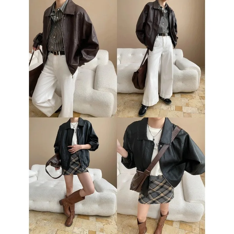 Faux Pu Leather Coats Women Solid Jackets Pocket Zipper Button Turn Down Collar Long Sleeves Loose Fit Casual 2025 Autumn Winter