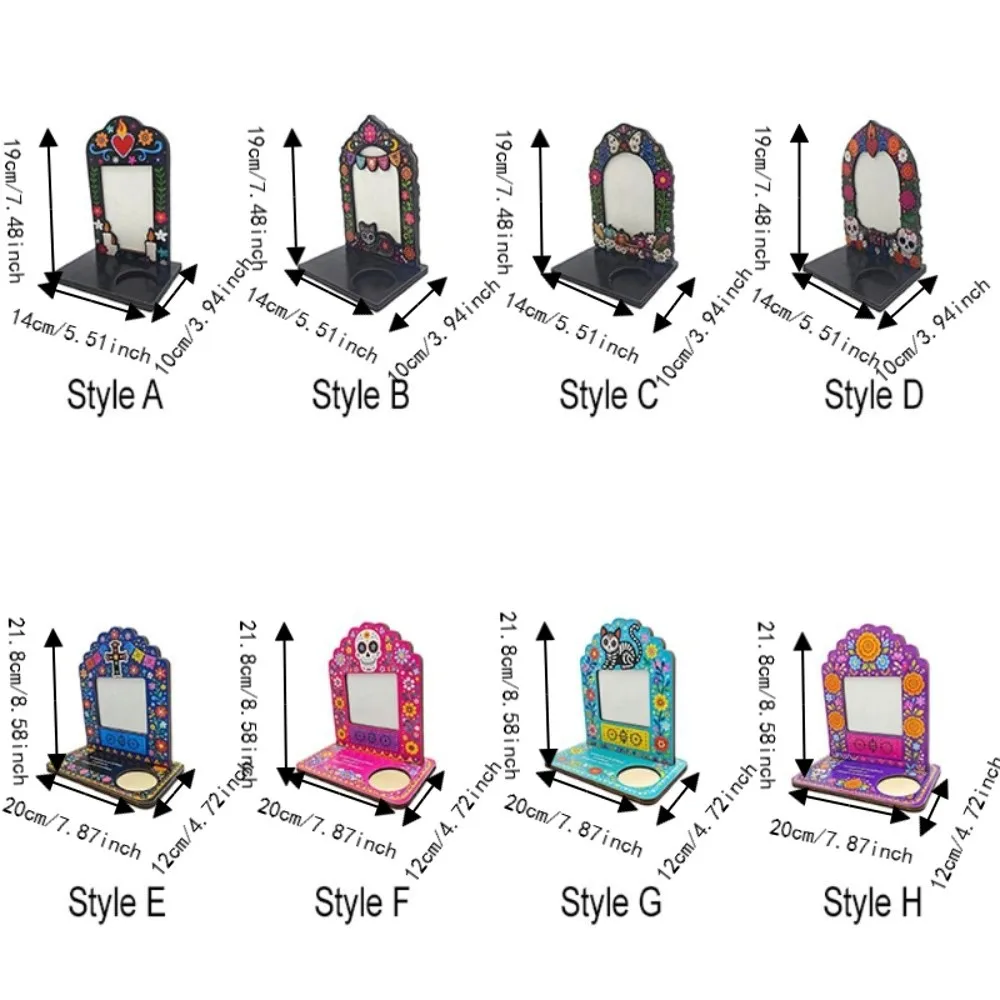 Wooden Day of The Dead Photo Frame Mexican Style Skull Marigold Pattern Desktop Photo Display Rack with Candle Holder