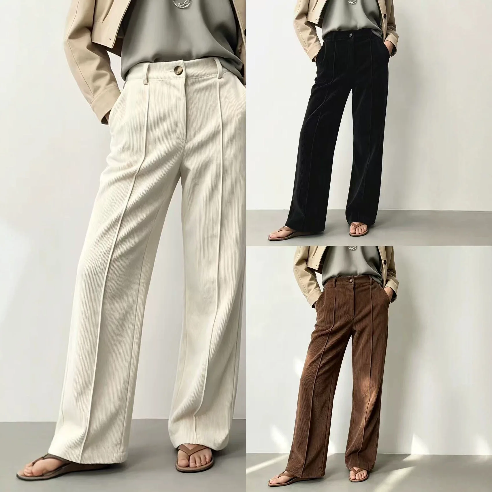 Women's Corduroy Wide Leg Pants High Waist Front Pleat Solid Color Comfortable Versatile Commute Casual Daily Wear Long Trousers