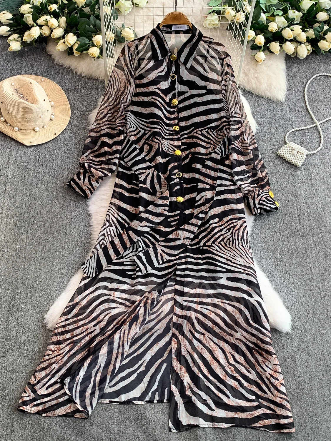 Ele Zebra-Print Umlegekragen irt Dr Damen Herbst Metall Bule Taillenbetonter langer Rock Faionable Maturi S...