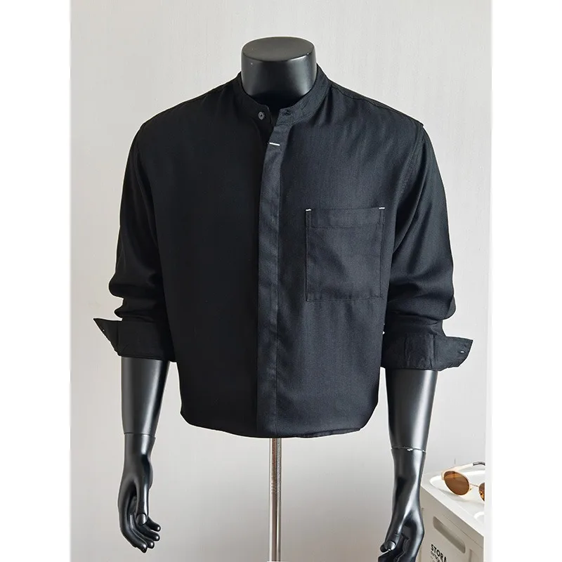 Lyocell Linen Stand Up Collar Long Sleeved Shirt for Men Solid Color Business Social Formal Dress Shirts Streetwear Men Clothing