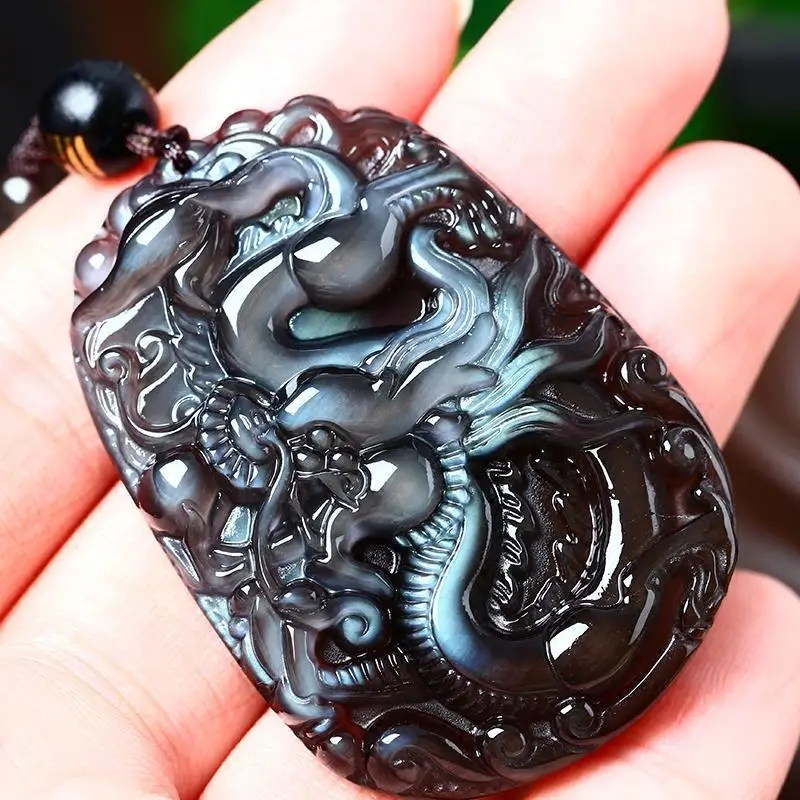 Natural Ghost Eye Blue Eye Ice Color Obsidian Flying Dragon Spinning Xuan Long Tianshou Silver Dragon Pendant Necklace