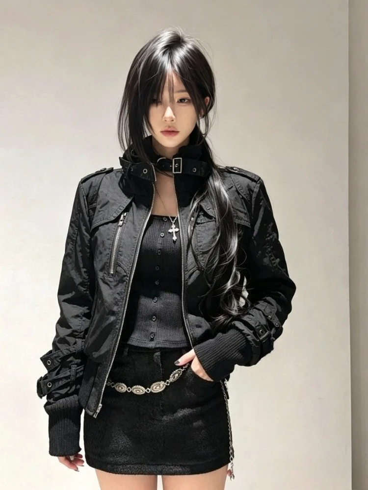 2026 Women Vintage Black Hooded Zipper Jacket Y2k Grunge Punk Streetwear Stand Collar Casual Safari Overcoat Sweatshirt