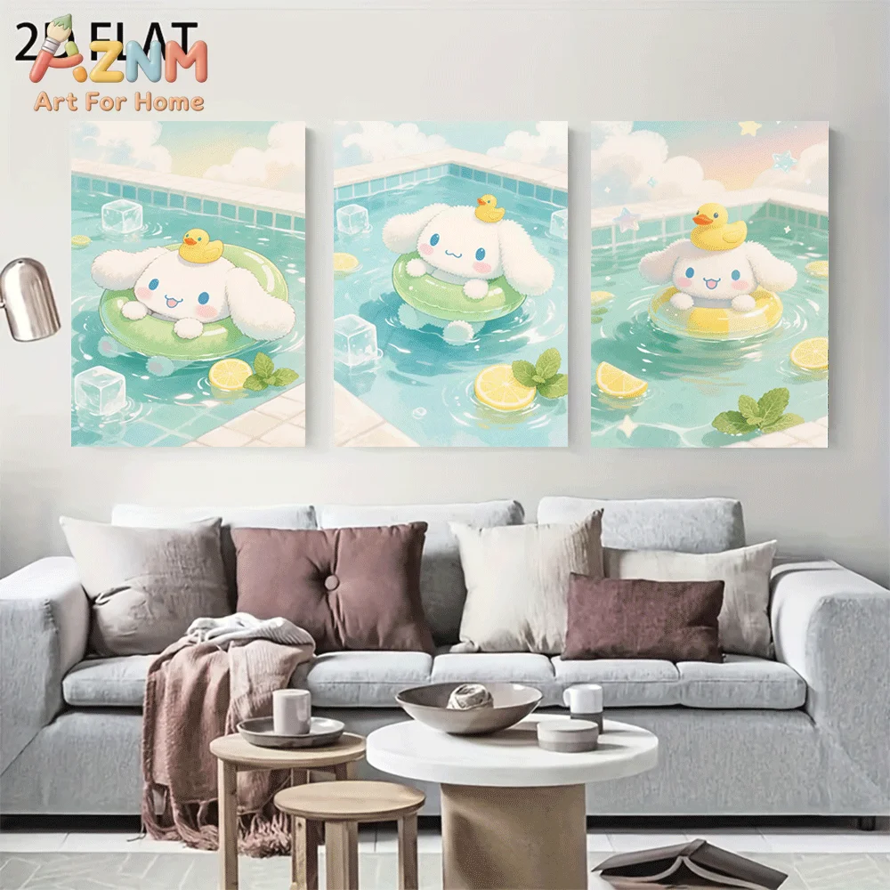 AZNM Cinnamoroll Canvas Wall Art Unframed Cute Cartoon Print Poster Puppy Swim Ring Rubber Duck Pool Lemon Ice Cloud Sky Design