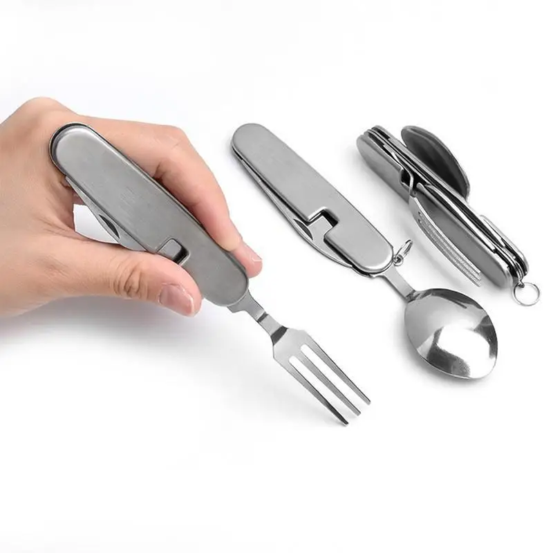 4 in 1 Set di posate da campeggio in acciaio inox pieghevole cucchiaio forchetta coltello apribottiglie Set utensili da campeggio all'aperto stoviglie da Picnic