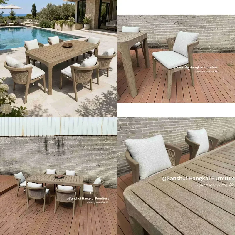 for  Hankai Teak Frame  Rattan Dining Table and 6 Chairs Set Wooden Outdoor Furniture