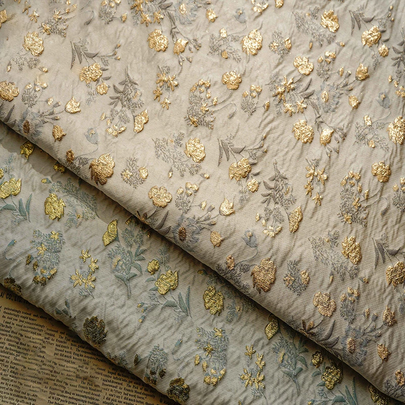 

Gold Silk Yarn Dyed Jacquard Fabric Embossed Flower Spring and Autumn Dress Bag Diy Sewing Fabric 50cmx140cm