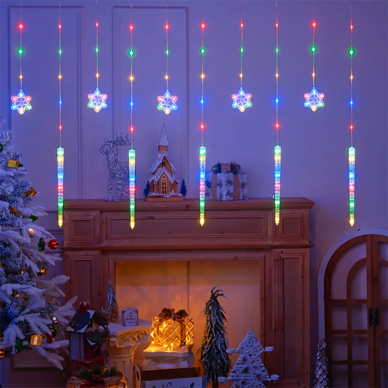 Cortina de luzes LED de floco de neve com sincelo de Natal para ambientes internos e externos, fonte USB + controle remoto, 8 modos de luz, fácil plug-and-play