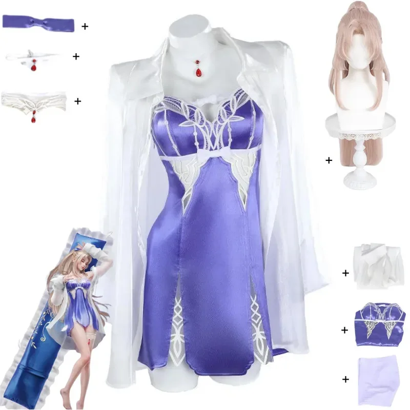 Game Naraka: Bladepoint Yoto Hime Kostum Cosplay Piyama Kemeja Putih Mantel Gaun Jubah Tidur Biru Wig Wanita Setelan Harian Seksi;2