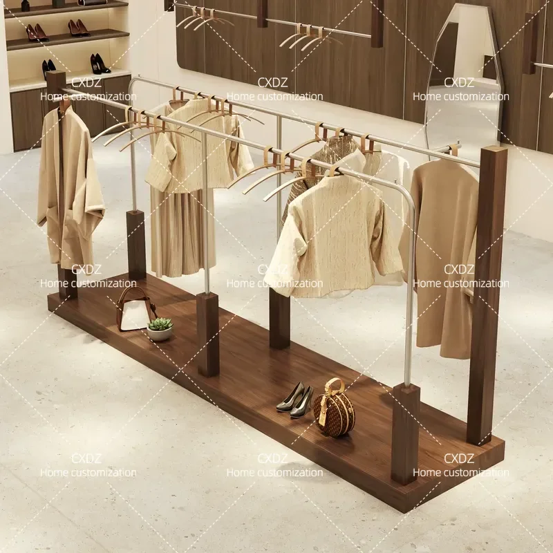 Clothing Store Display Rack Stainless Steel Walnut Women's Clothing Store Floor-to-ceiling Side Hanger Zhongdao Belt Board