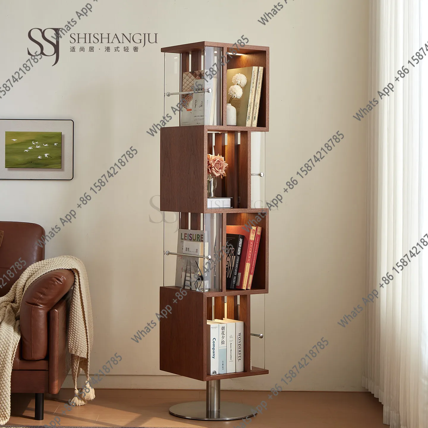 Rotating bookshelf Antique book and newspaper shelf with ambient light Solid wood magazine rack Floor-to-ceiling retro bookcase