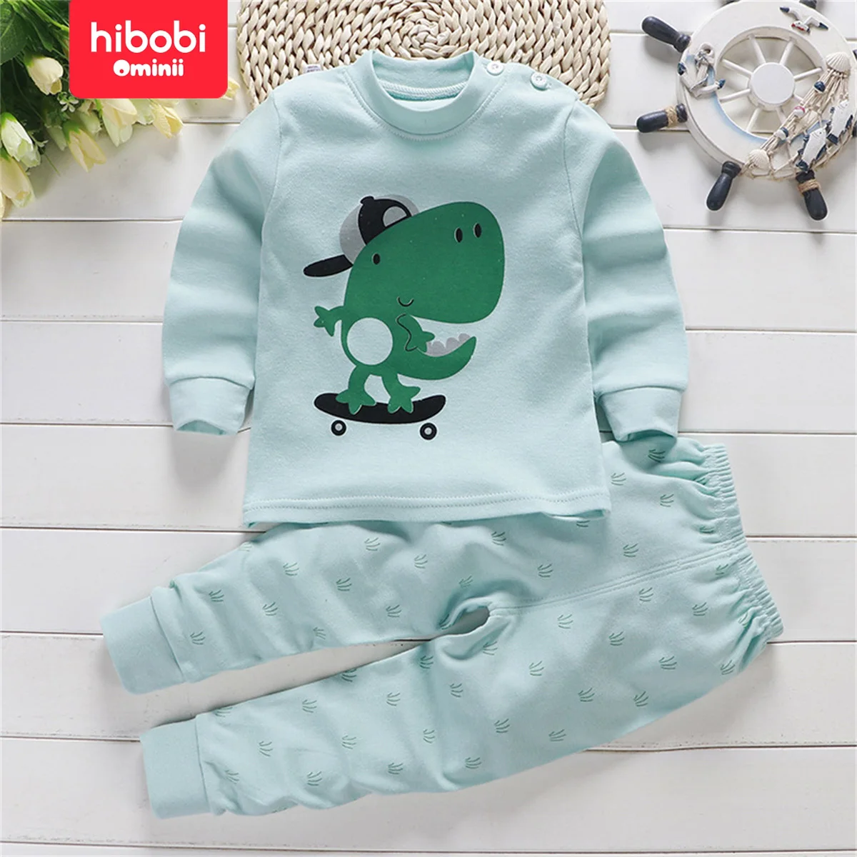 Hibobi-Conjunto de 2 piezas de algodón 100% para niños, ropa cómoda de cuello redondo, cálida para el hogar, pijamas de animales bonitos y pantalones de pijama