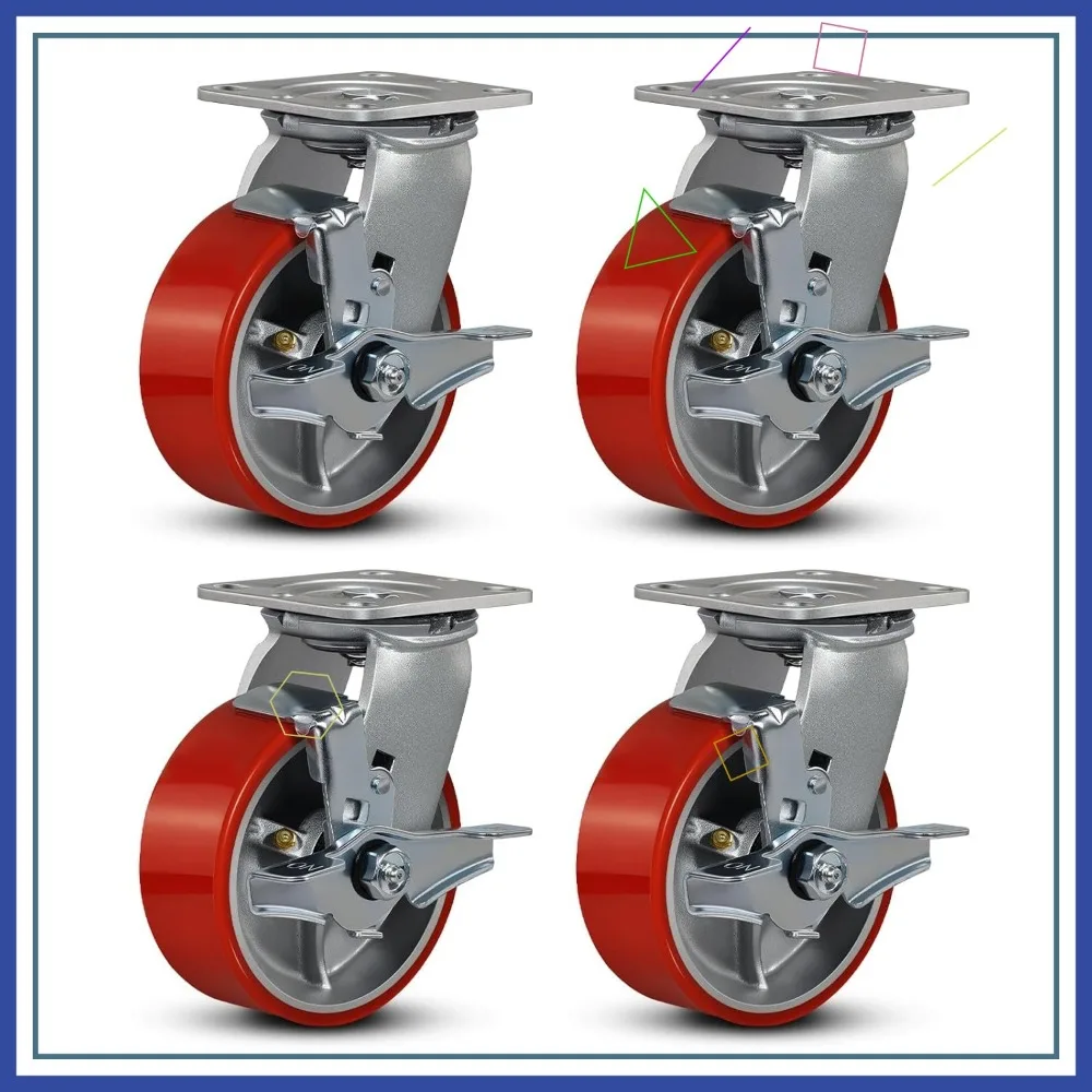 

5"x2" Industrial Casters - Heavy Duty, Polyurethane Wheels, 4000 Lb Capacity for Platform Truck & Workbenches (4 Brake)