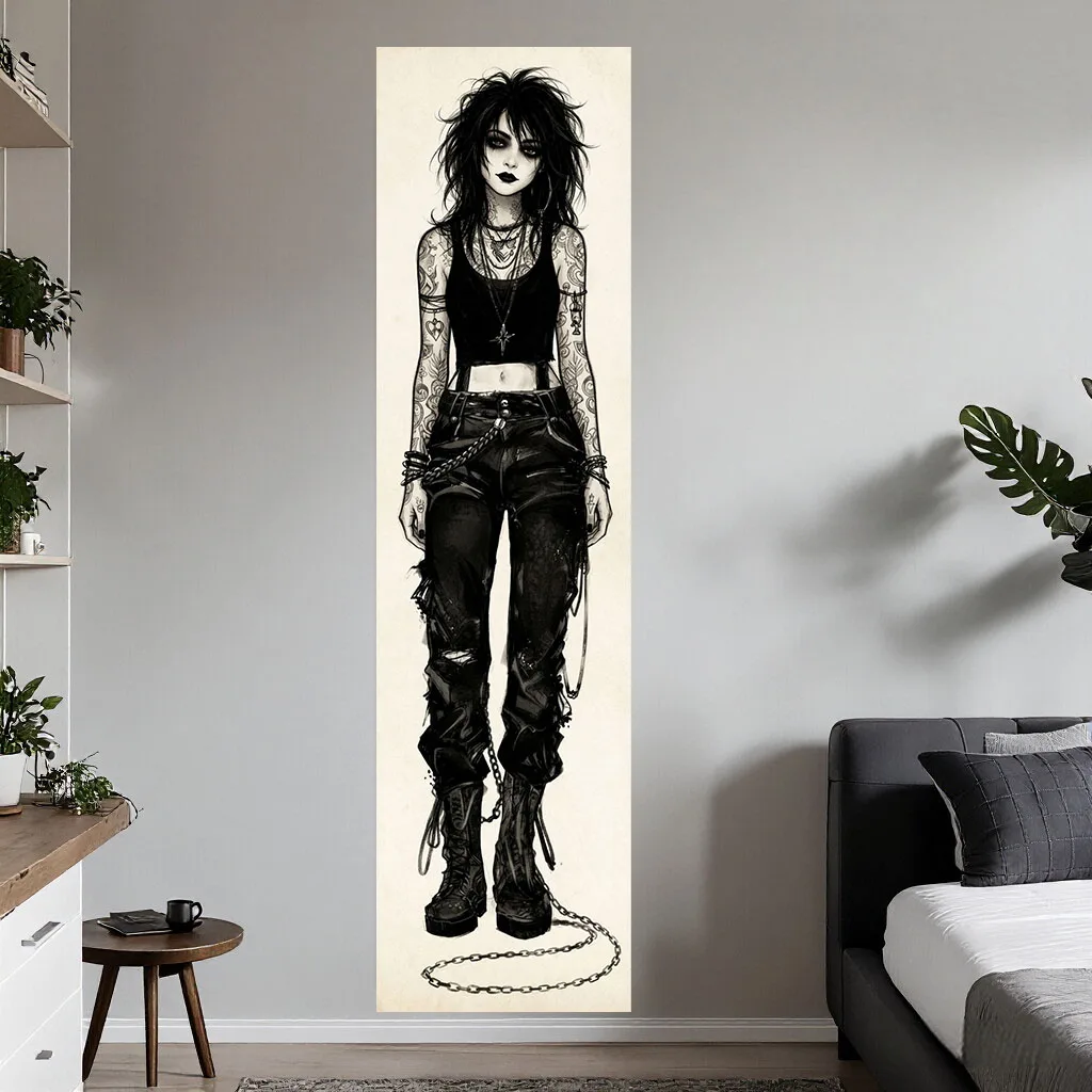 Alt Grunge Aesthetic Tapestry Punk Gothic Tattoo Girl Monochrome Sketch Wall Hanging Art for Dorm Bedroom Dark Style Room Home