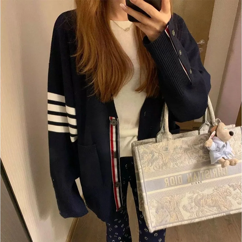 Four Bar College Stripe V-neck High-end Long Sleeved Knitted Sweater Jacket for Women\'s Autumn Winter Lazy Style Cardigan Top