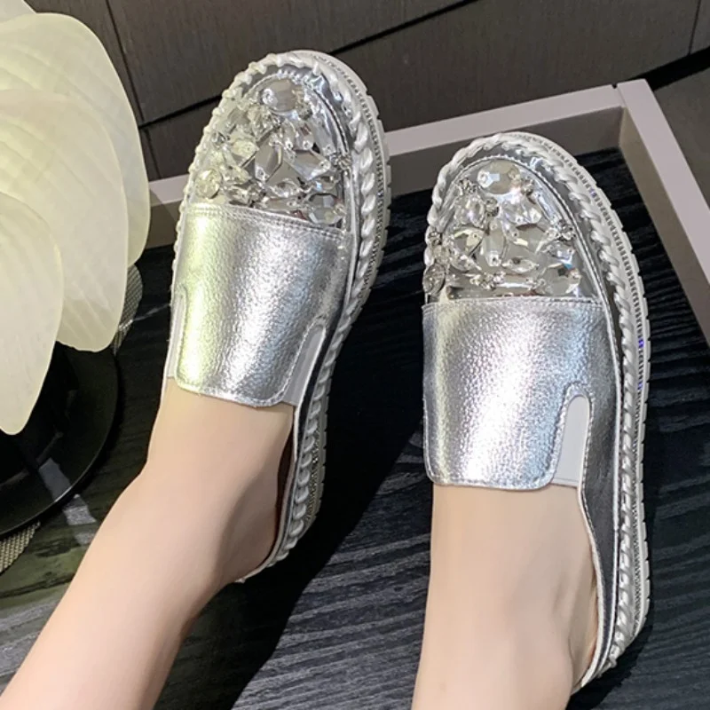 Shoes for Women 2023 Fashion Summer Women\'s Slippers Solid Color Rhinestone Sequins Closed Toe Flat Heel Water Proof Shoes Women