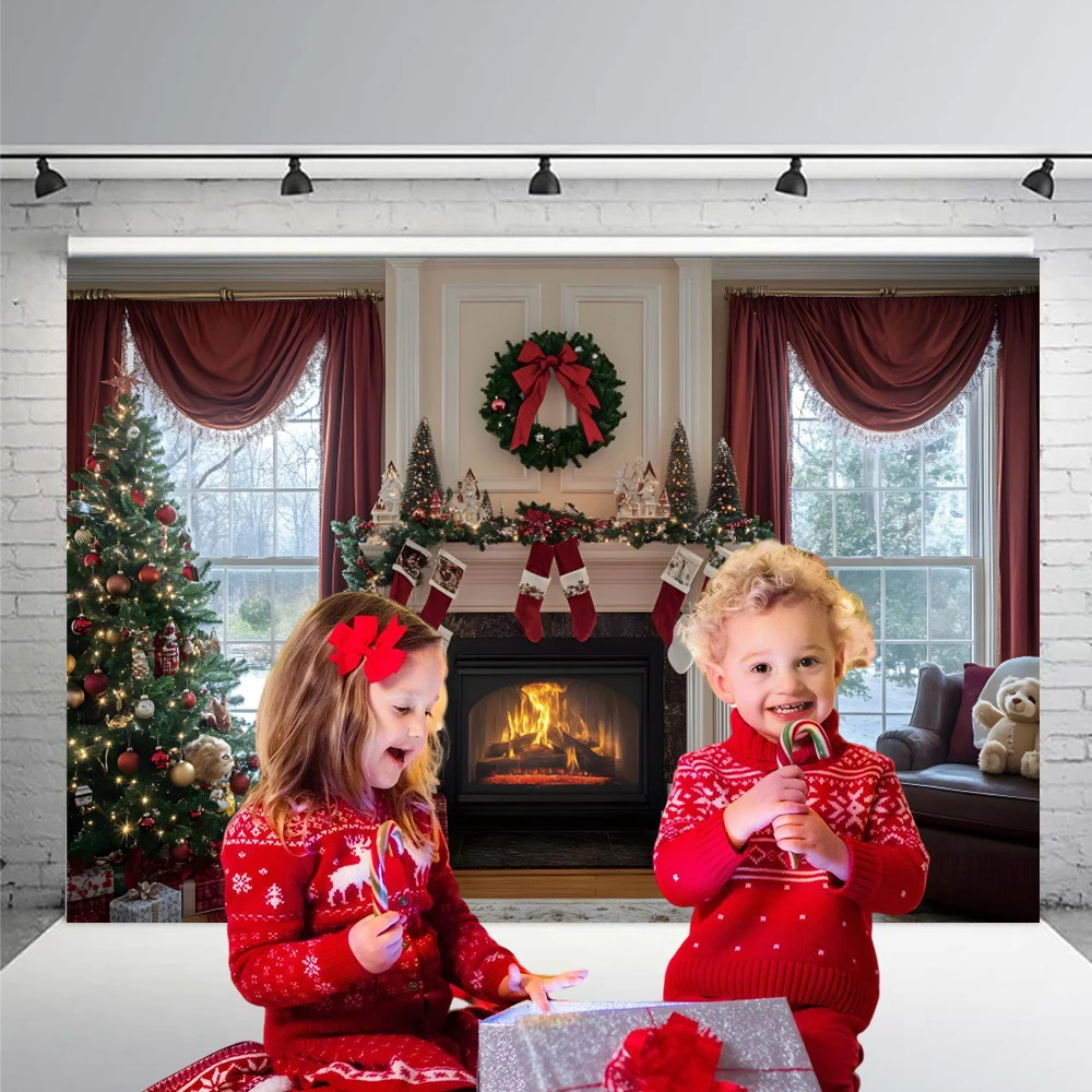 Christmas Fireplace Backdrop Red Curtain Xmas Tree Wreath Bear Candles Gift Box Decor Adult Girls Child Baby Portrait Background