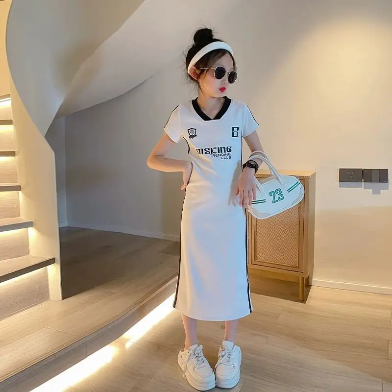 Dress for Teen Girl Korean Style Fashionable Kids Fashion Letter Print Short-Sleeve Straight Dress School Casual wear