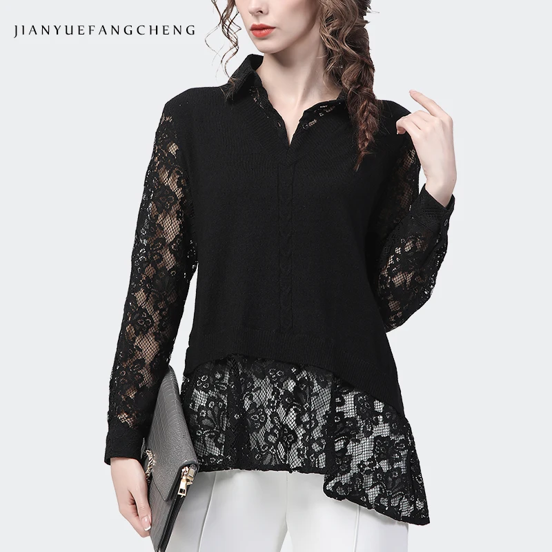 

Fashion Lengthened Black Women Lace Splicing Knit POLO Shirt Long Sleeve Hook Flower Hollow 2022 Spring Loose Casual Top Blouses