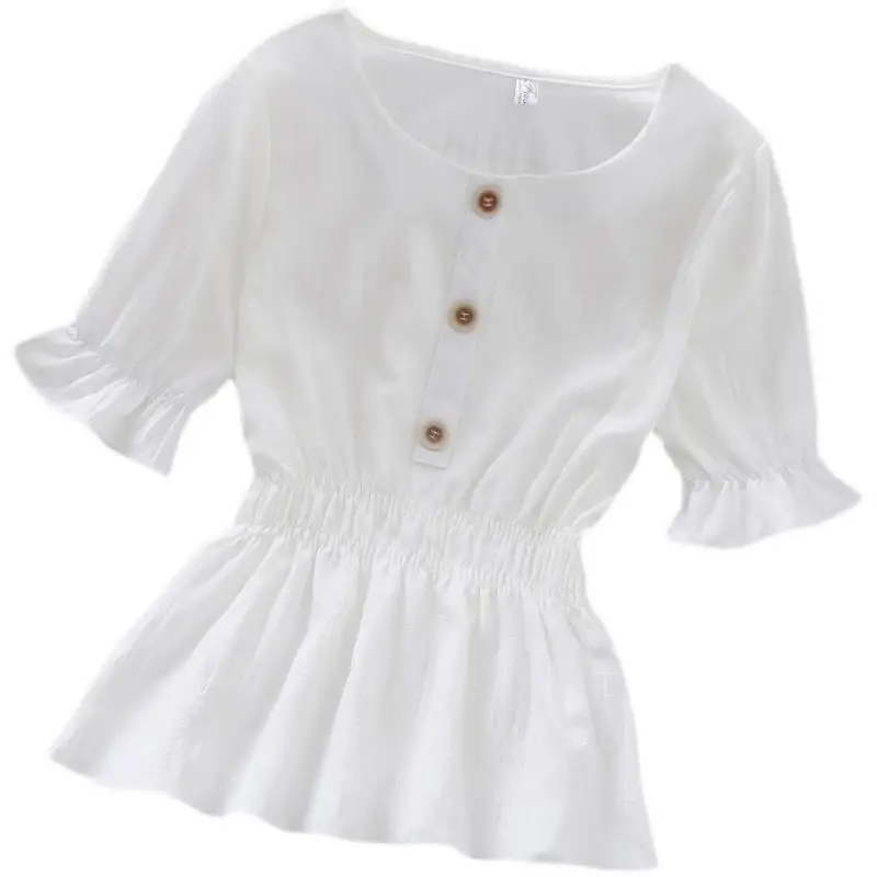 2025 verão novo estilo coreano cintura plissada temperamento de manga curta tripulação pescoço camisa versátil fino ajuste cor sólida topo