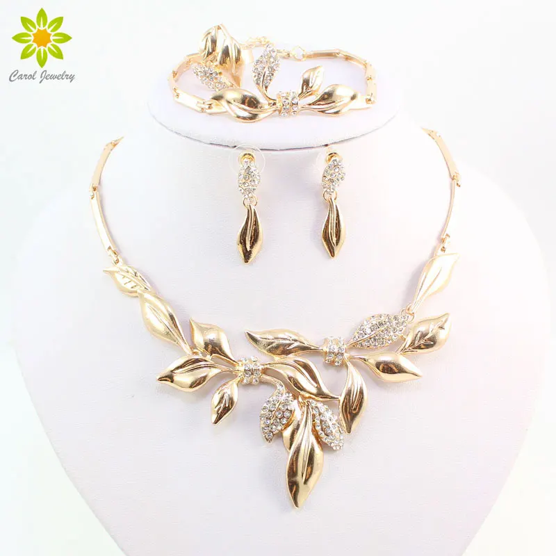 Unique Design African Fashion Costume Rhinestone Leaves Shap Necklace Sets Gold Color Wedding Bridal Costume Jewelry Sets