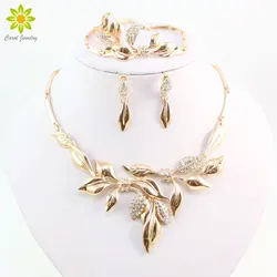 Unique Design African Fashion Costume Rhinestone Leaves Shap Necklace Sets Gold Color Wedding Bridal Costume Jewelry Sets