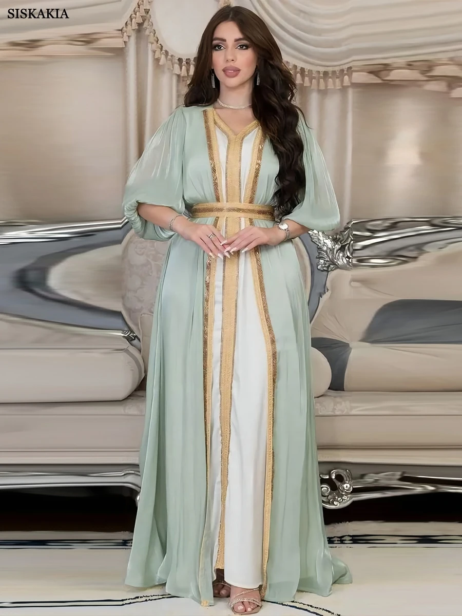 Moroccan Caftan Luxury 2022 Silk Satin Elegant Lantern Sleeve 3pcs Dress Diamonds Abaya Muslim Sets Ramadan Dresses For Women