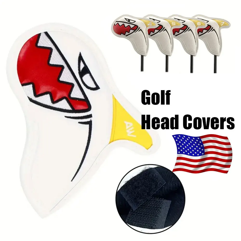 

Водонепроницаемые чехлы для клюшек для гольфа из искусственной кожи, 9 штук – дизайн «Акула», черно-белые, с номерами 4-9, AW, PW, SW, защитный набор для клюшек