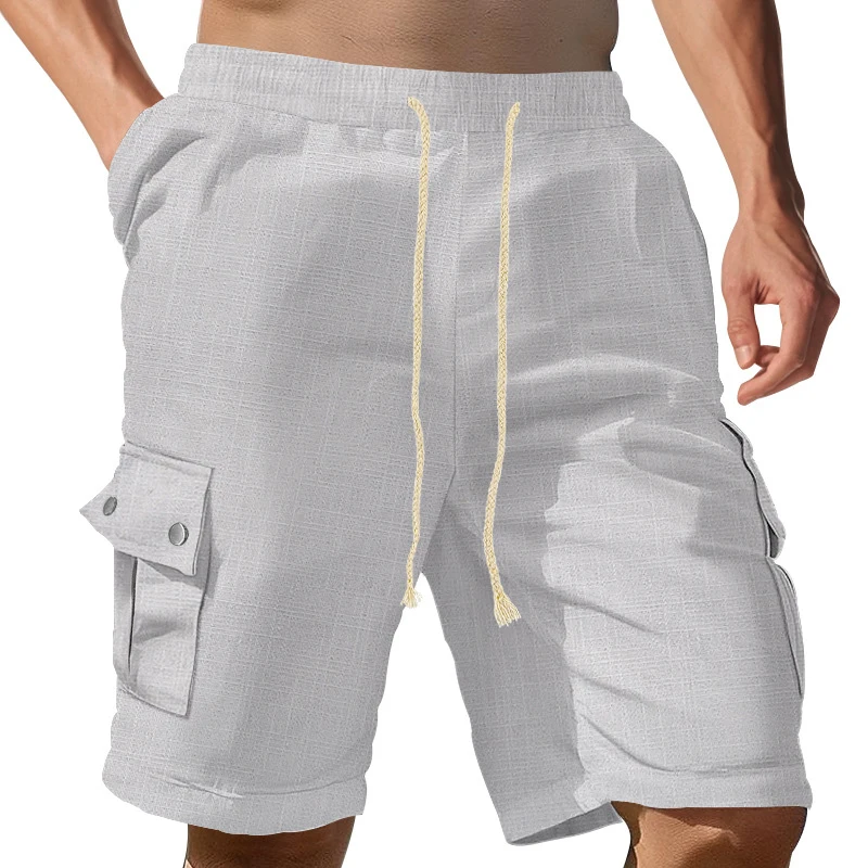 Casual Pockets Cargo Shorts Mens Spring Summer Fashion Drawstring Solid Color Loose Shorts Men Beach Breathable Cotton Shorts