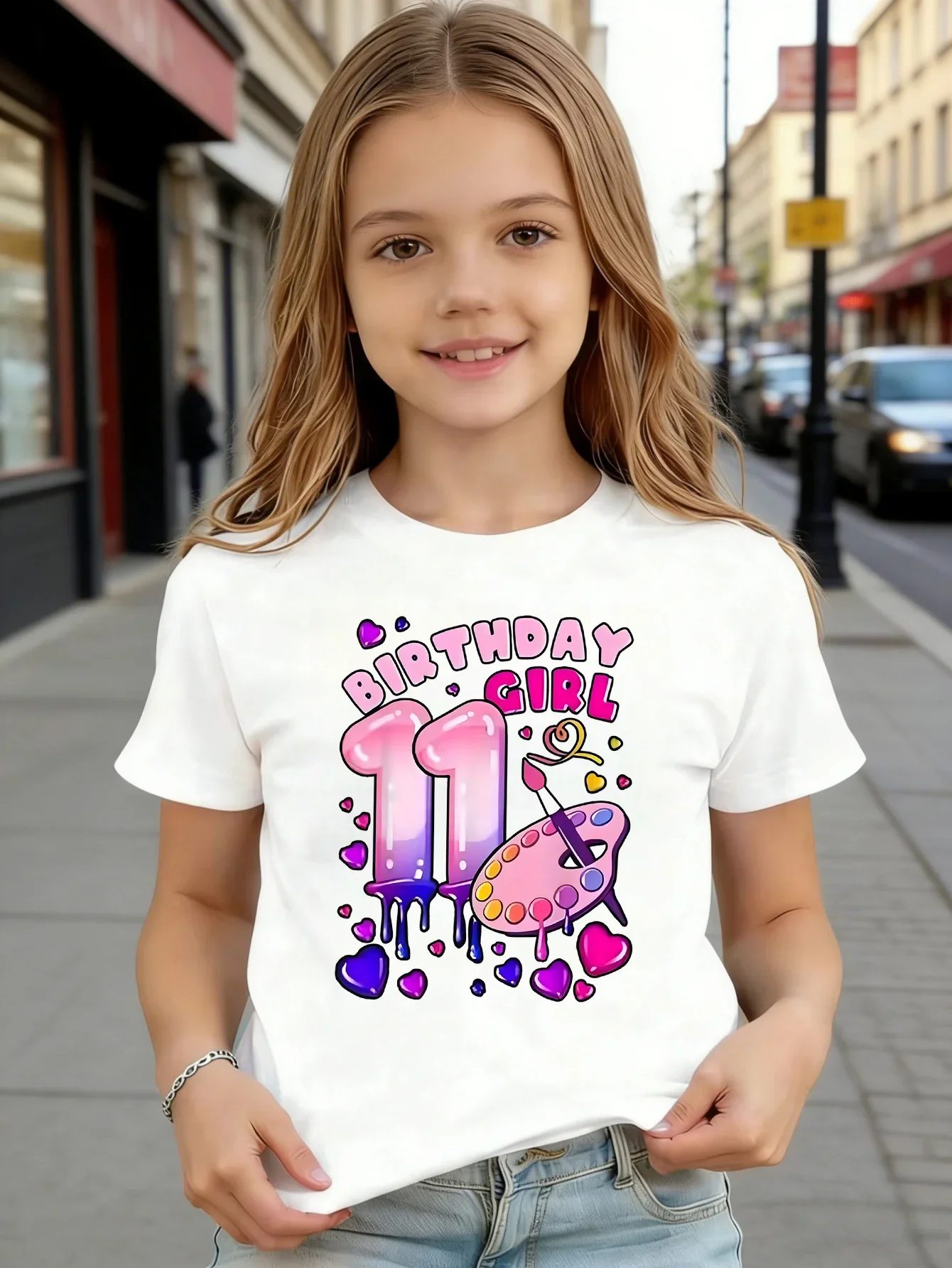11th Birthday Girl Paint Palette Drip Hearts Art Graphic Kids T Shirt Boys Girls Family Matching Summer Crew Neck Casual Tee