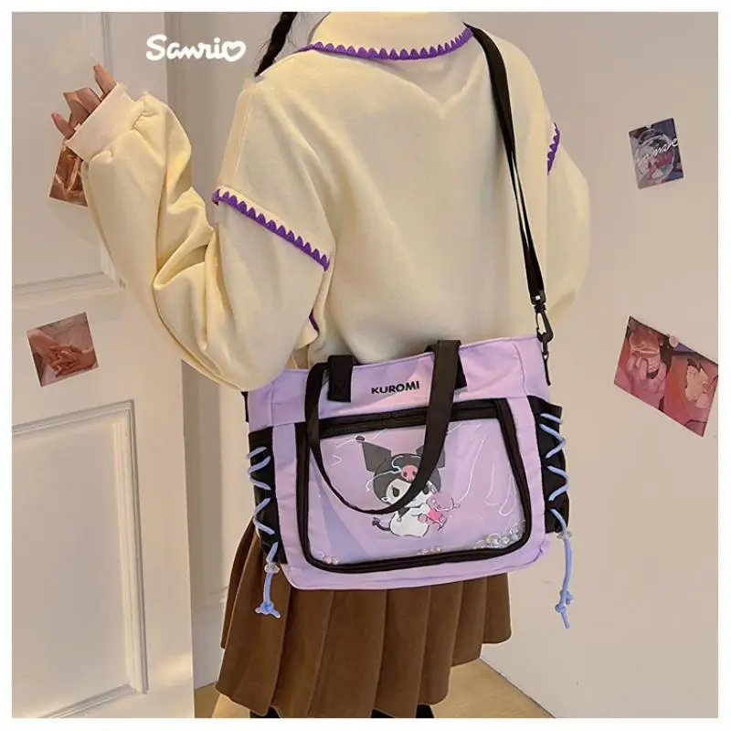 

Anime Sanrios New Shoulder Diagonal Span Kuromi Kawaii Cartoon Tassel Fresh Sweet Document Package High Capacity Wash Bag Tote