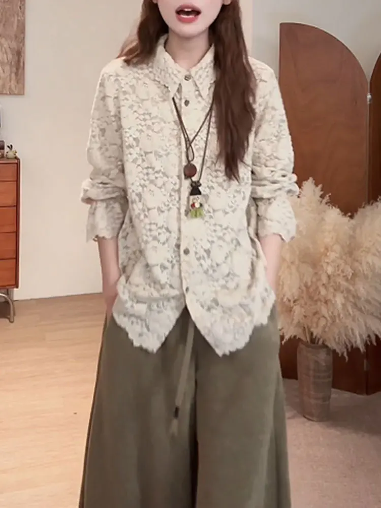 

Женский топ Long Sve irt с вышивкой в стиле ретро, осень-зима, свободный крой, отложной воротник, базовый слой, дышащий удобный топ...