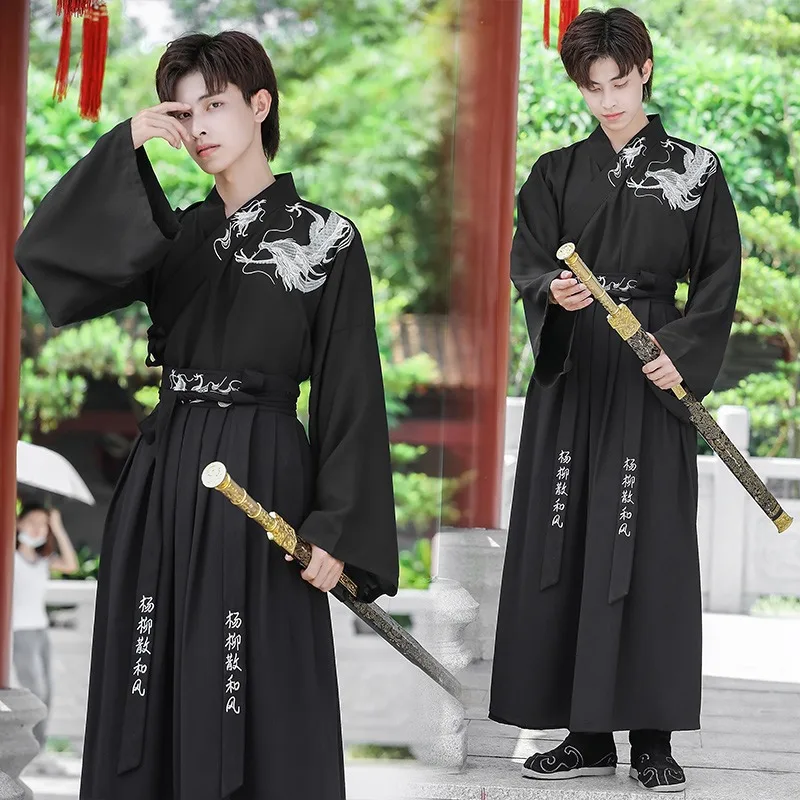 Japanese Samurai Black Dragon Embroidery Swordsman Hanfu Traditional Chinese Style Clothing  Large Size Unisex Long Robe